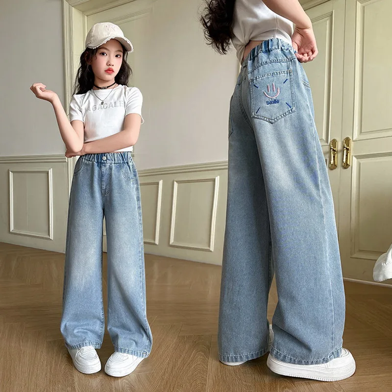 الفتيات الصيف رقيقة الدنيم السراويل 2025 جديد الأطفال مستقيم الساق واسعة الساق الجينز المراهقات سراويل جينز الاطفال ملابس عصرية #5