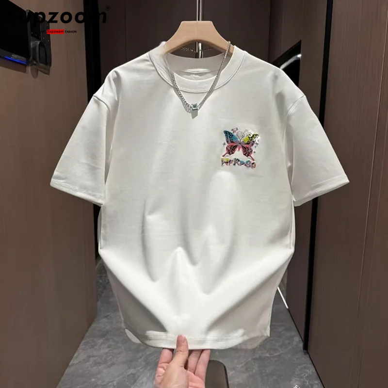 Supzoom New Arrival Summer Fashion Foam Printing Butterfly Neutral Short O-neck Casual Heavy Texture Cotton Ins Loose Men Tshirt
