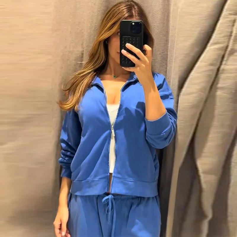 Damen-Hosen-Sets mit Stehkragen, Langarm-Reißverschlussjacken, Kordelzug-Taille, Gerade Hosen, Herbst-Outfit für Frauen, Einfarbig, Locker Geschnitten, Neu – Detail 1