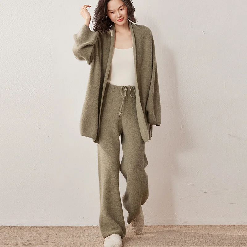 Autumn Winter 100% Pure Cashmere Set Fashion Loose Knitted Buttonless Cardigan Casual Cashmere Pants Wide-Leg Pants Women's Set