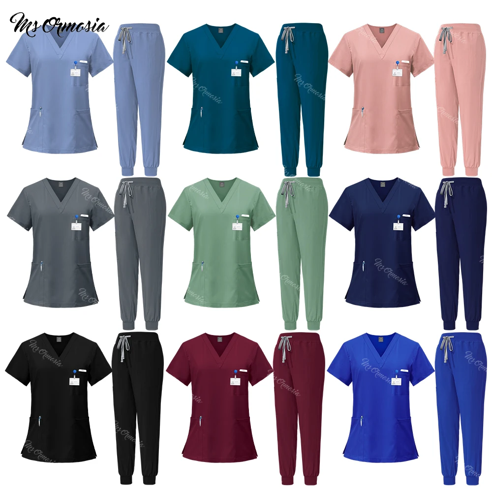 

Women Men Medical Surgical Uniforms Clinical Scrub Set Doctor Nurse Jogger Pants Set Beauty Salon Workwear Pockets Nursing Suits