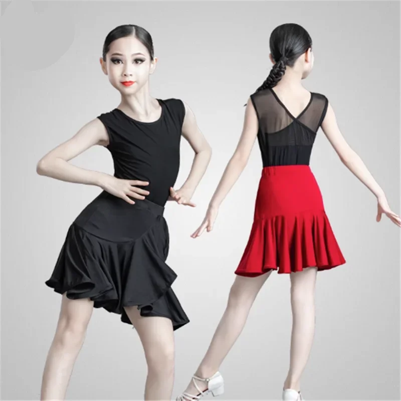 어린이 라틴 댄스 복장 전문 댄스 훈련 의상 소녀 블랙 탑 스커트 정장 룸바 라틴 댄스 착용