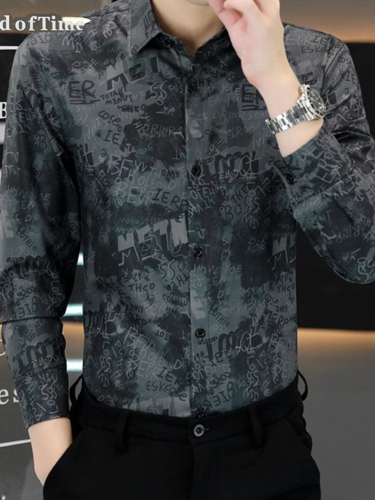 High-End Men's Long-Sleeve Letter Print Shirt Casual Slim Fit Business Personality Floral Patterned No-Ironing Required Fashi...