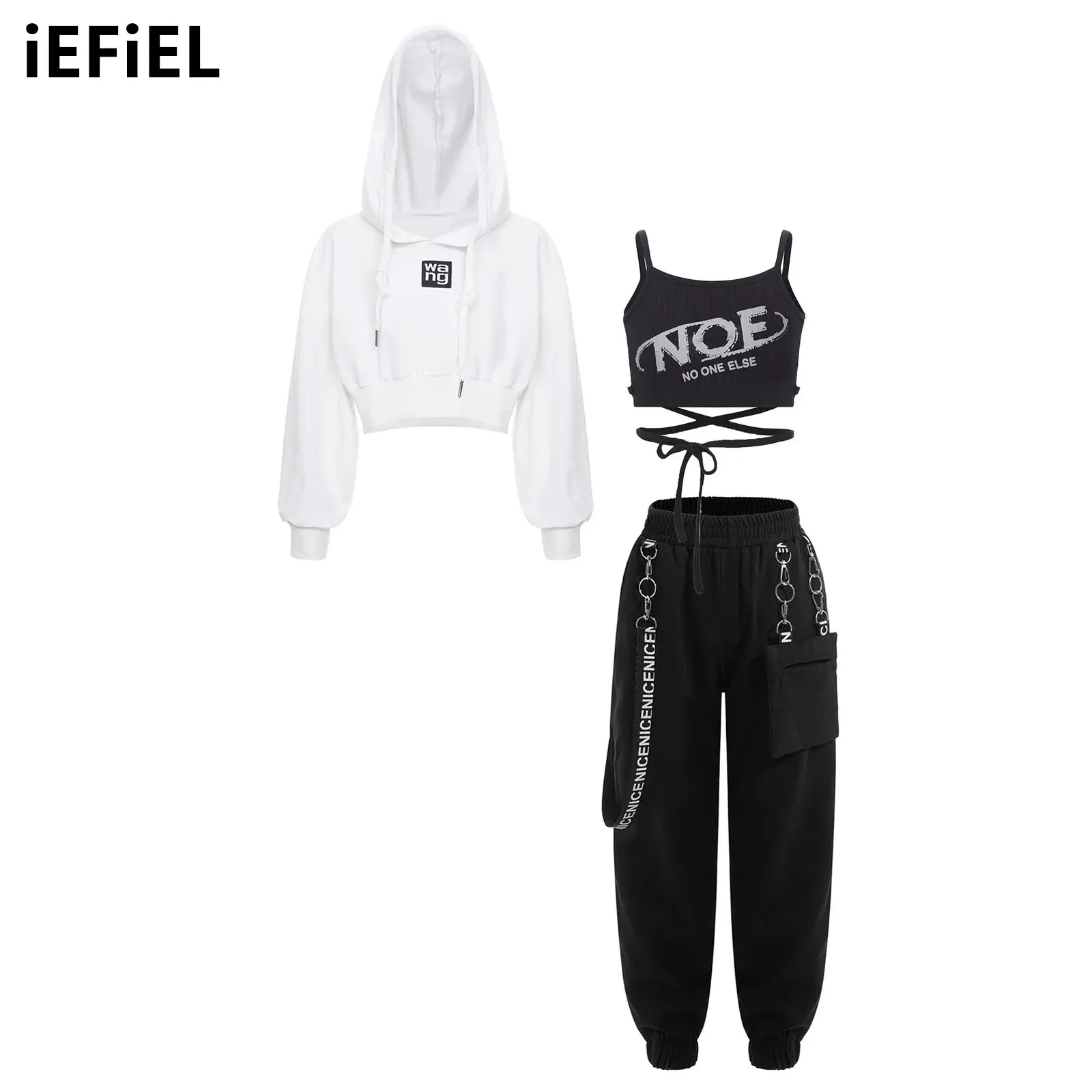 

Kids Girls Fashion Dance Outfit Letter Print Lace-up Vest Cropped Hoodie Drawstring Metal Chain Pocket Pants for Hip-Hop Jazz