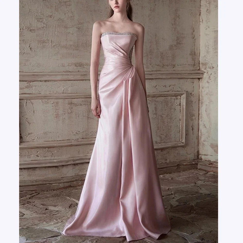 

Light Pink Satin Prom Dresses Beaded Strapless A-Line Banquet Evening Gown Vestido Floor Length Custom Made Elegant Classic