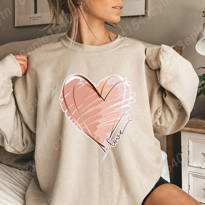 Valentine's Day Heart & Love Print Crew Neck Long Sleeve Sweatshirts, Fashion Valentines Pullovers, Women Oversized Sweatshirt