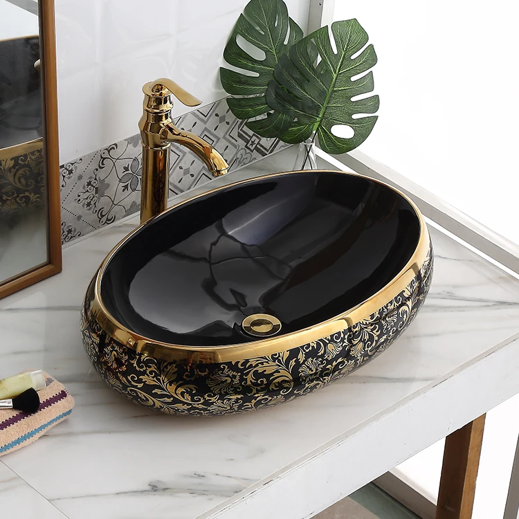

Luxury Modern Vessel Lavabo Oval Art Basin Ceramic Gold Black Bathroom Sink Counter Top Hand Wash Basin