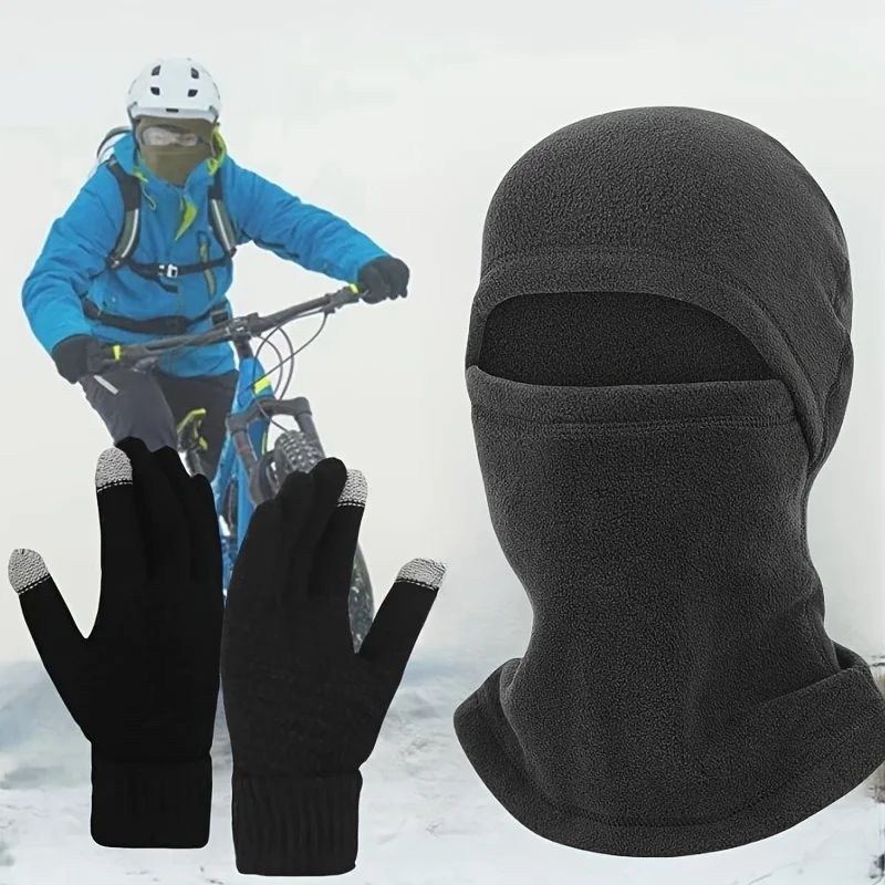 2-Piece Set，Hat and Gloves - Multi-Functional Windproof Ski Thermal Hat with Sporty Hood, Ideal Gift Option