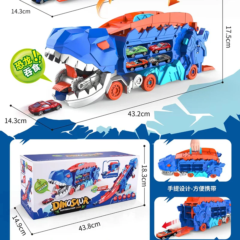 Dziecięcy model Tyranozaura Rex, dinozaur gryzący wagon kolejowy, zabawka transformująca się w karawany z rakiem, prezent dla chłopca, pojazdy do zabawy na kolejce.