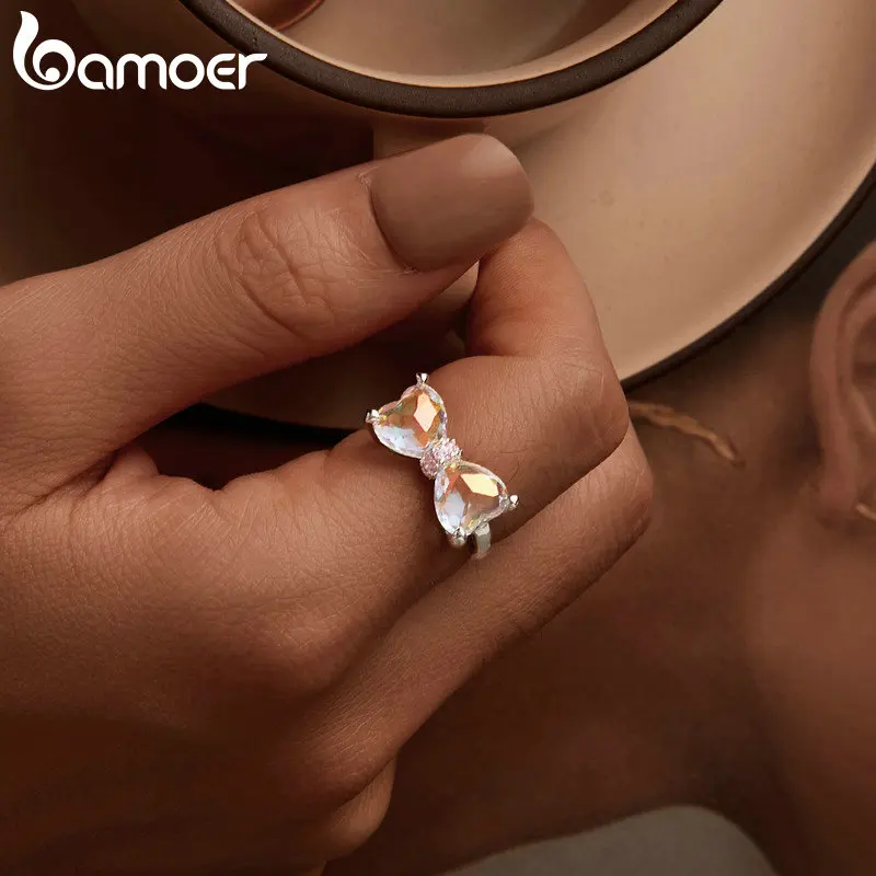 Bamoer 925 Sterling Silver Girlish Statement Ring Luxury Zircon Rings For Women Jewelry Party Birthday Gift Daily Wearable