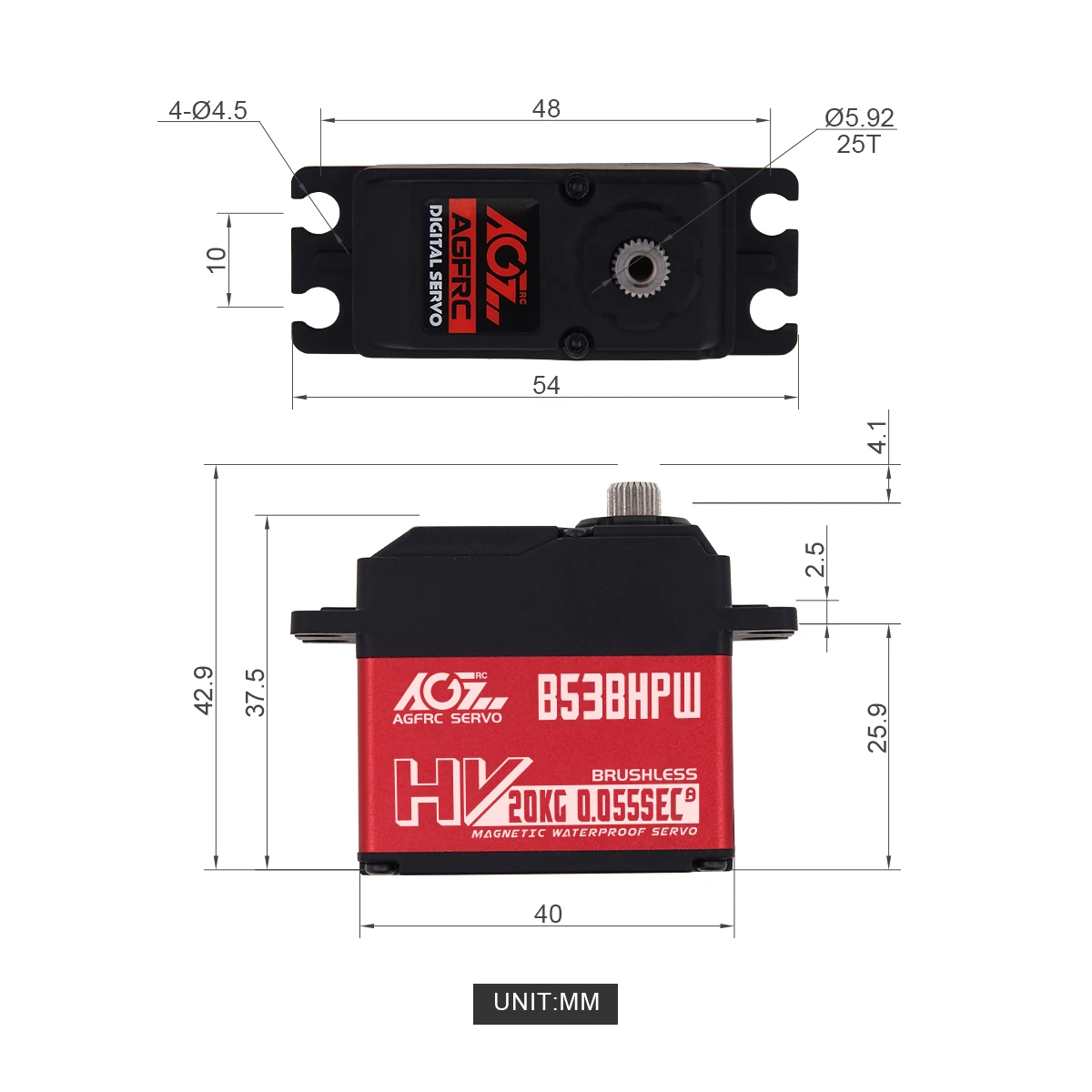 AGFRC Servo B53BHPW HV Super Speed 0.055sec 20KG Brushless Standard IP67 Waterproof Servo For 1/10 RC Car Truck Buggy Airplane view 5