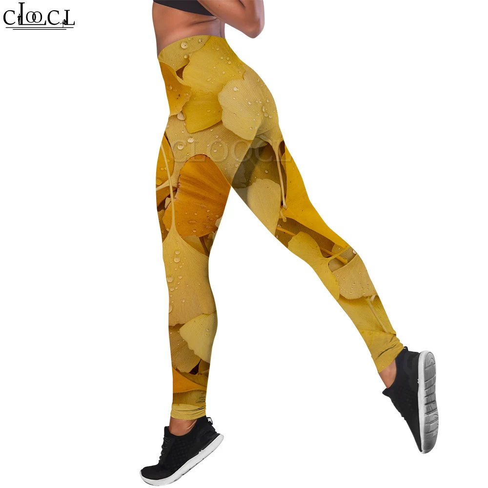 CLOOCL – pantalon de Yoga pour femmes, Leggings d'automne jaune, feuille de Ginkgo graphique 3D imprimé, pantalon décontracté, Jogging, taille haute, extensible