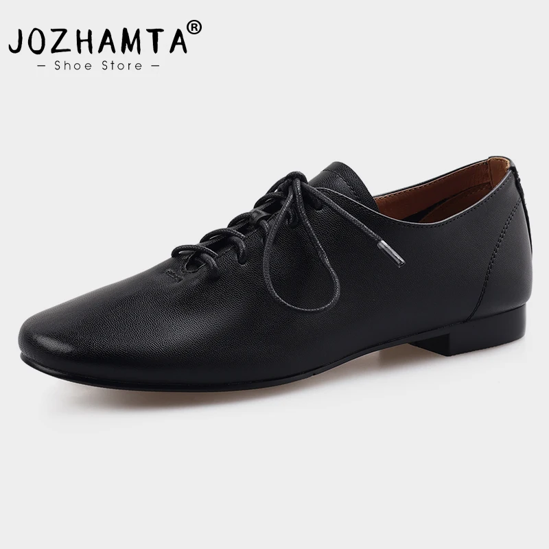 JOZHAMTA Genuine Leather Women Flats Shoes Lace Up Classic Round Toe Low Heels Shoes Casual Loafers Office Lady Dress Size 34-39