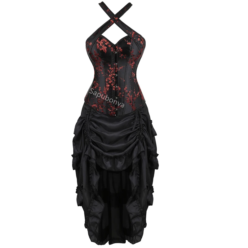 

Black Corset Dress Women Tutu Skrit Set Halter Lace Costume Party Sexy Burlesque Halloween Ladies Basques Outfit Plus Size Red