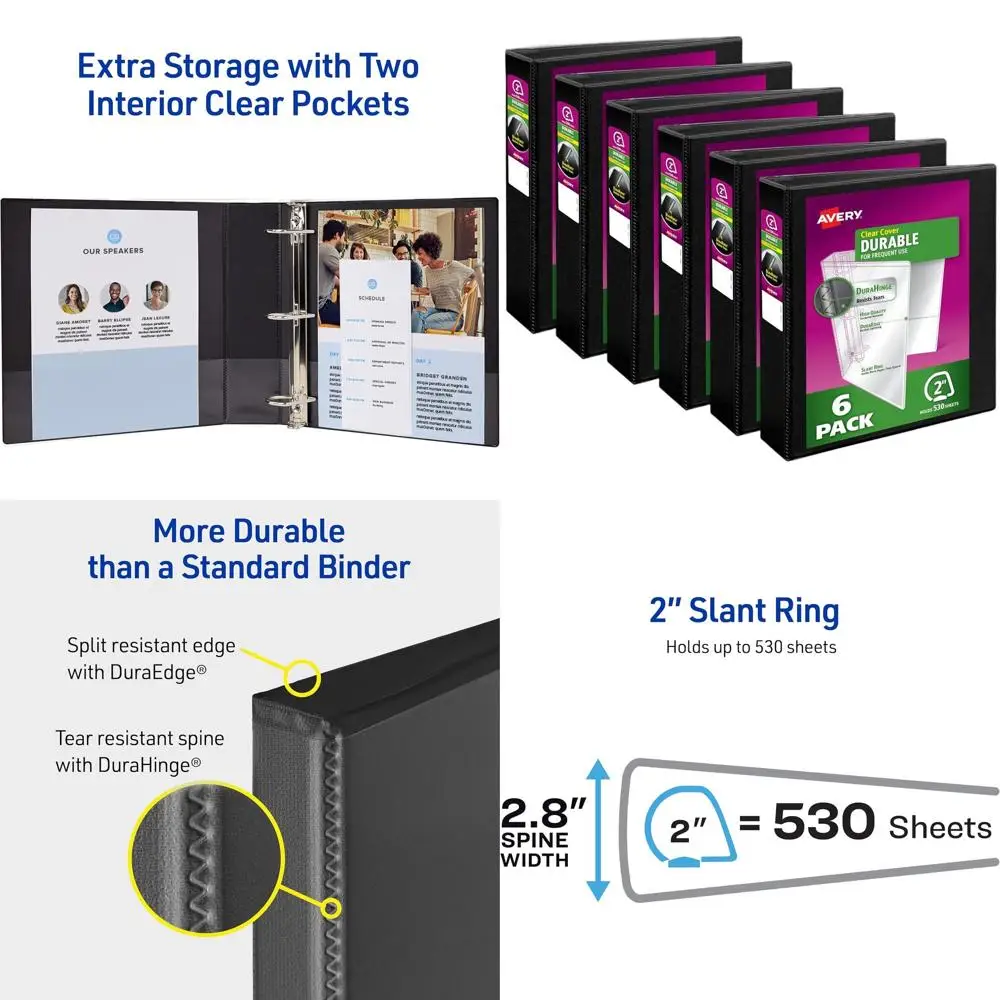 

2-Inch Slant Ring Binders, 530-Sheet Capacity, 2.8-Inch Spine, Customizable Clear Cover, Black, 6-Pack