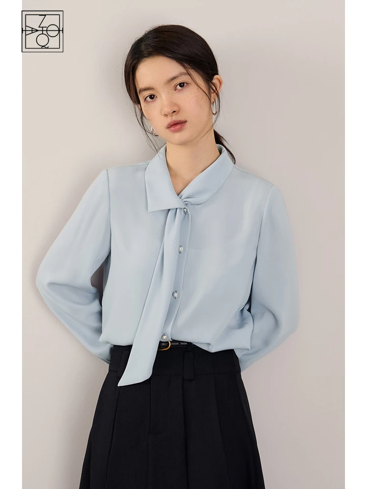 ZIQIAO High Quality Ribbon White Shirt For Women\'s 2023 Autumn New Korean Commuting Professional Style Top Blue Women Tops