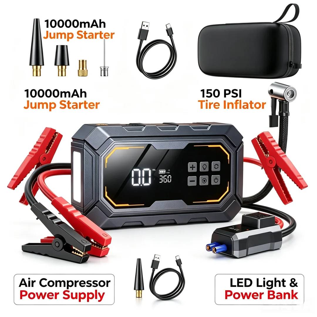 10000mAh Portable Digital Car Jump Starter Air Compressor Power Supply with Light Emitting Diode Light 150 PSI Tire Inflator