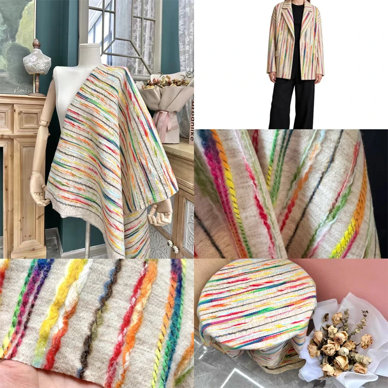 

Высококачественная шерстяная ткань в этническом стиле для женских пальто и платьев, с вышивкой шнуром и цветными полосками, для домашнего текстиля