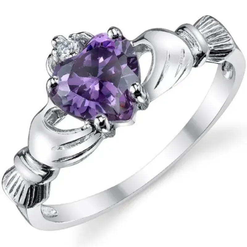 Heart Lab Amethyst Claddagh Ring 10KT White Gold Filled Engagement Wedding Rings for Women Anniversary Jewelry Gift