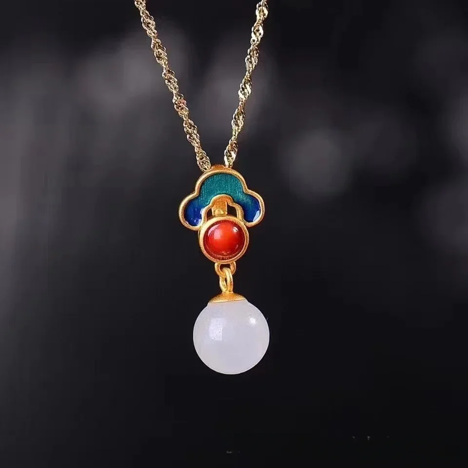 Hetian white jade single bead round bead auspicious cloud three pieces set pendant ring earrings wholesale