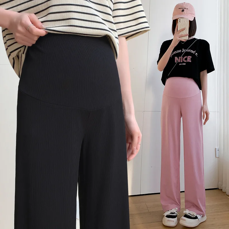 Maternity Clothings Maternity Wide Leg Pregnancy Pants Wear Trousers with Vertical Stripes Clothes for Pregnant Women