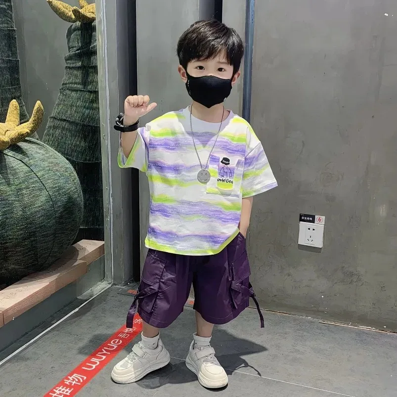 子供の半袖 Tシャツ + ブラックグレーデニム 5 クォーターパンツショーツ 2 個セット男の子新しいハンサム子供服