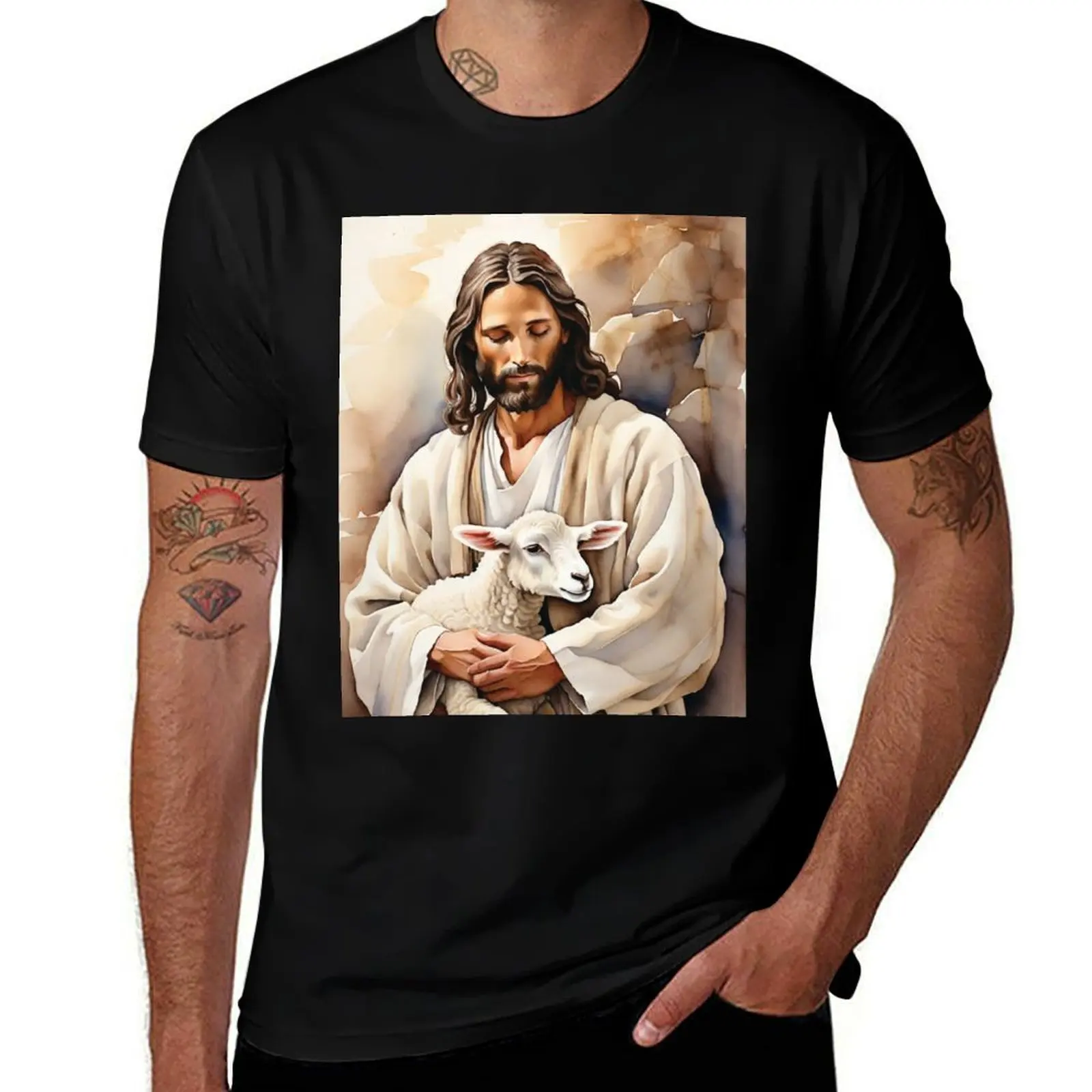 Christian Art: A Timeless Canvas Wall Art of Jesus and Lamb T-Shirt Soft Anti-Shrink Cotton Tee T-Shirt