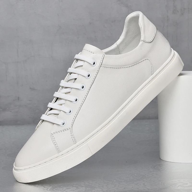 

Pure White Minimalist Leather Sneakers for Men Lace-up Breathable Comfortable Flat Casual Shoes for Street Style and Daily Life