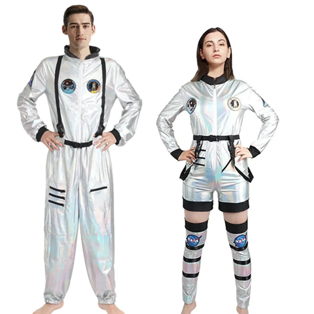 Traje de astronauta prateado para adultos, traje espacial, macacão espacial masculino e feminino, cosplay de Halloween