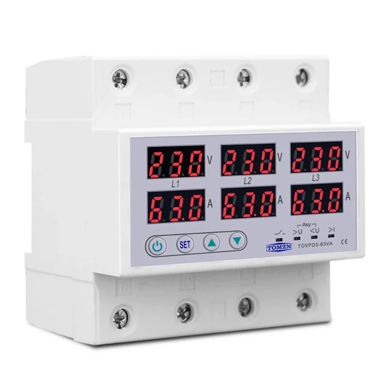 

2X Din Rail 3 Phase Voltage Relay 380V Voltmeter Ammeter Over And Under Voltage Monitor Relays Protector Current 63A