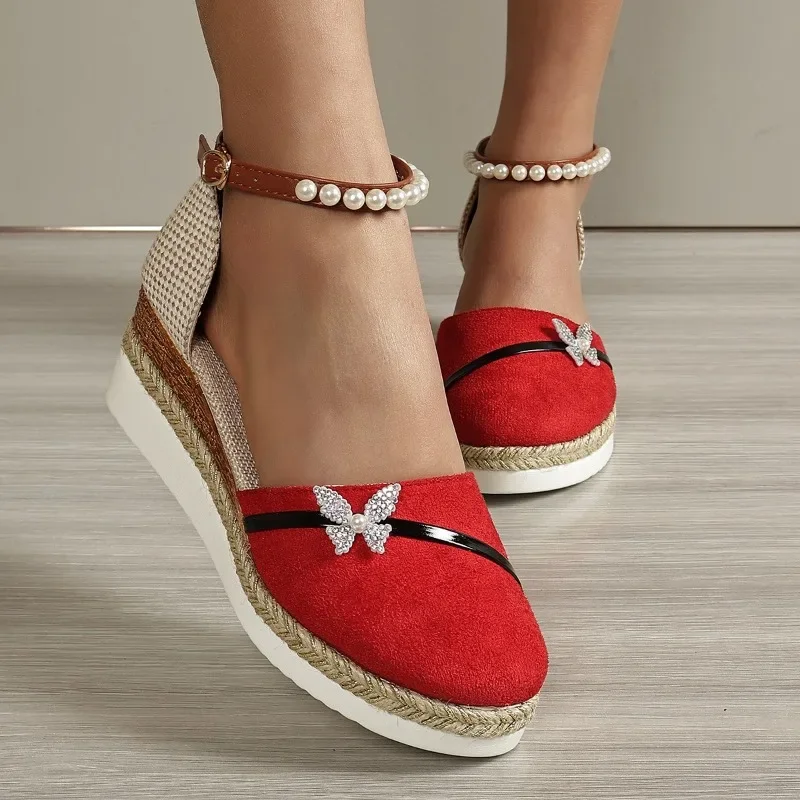 New 2024 Summer Women Butterfly Pearl Linen Plain Wedge Sandals Bohemian Ladies Casual Comfortable Espadrilles Platform Shoes