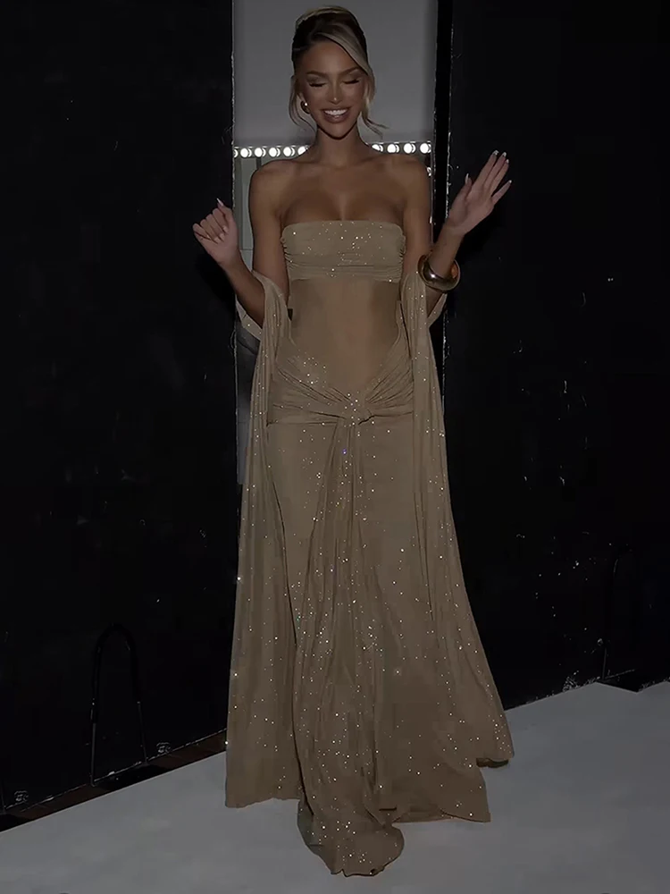 Sukienka Whatiwear z brokatową wstążką, damska, Y2K, letnia, bez ramiączek, wiązana, elegancka, marszczona, patchworkowa, na przyjęcie urodzinowe, do klubu, seksowna, obcisła.