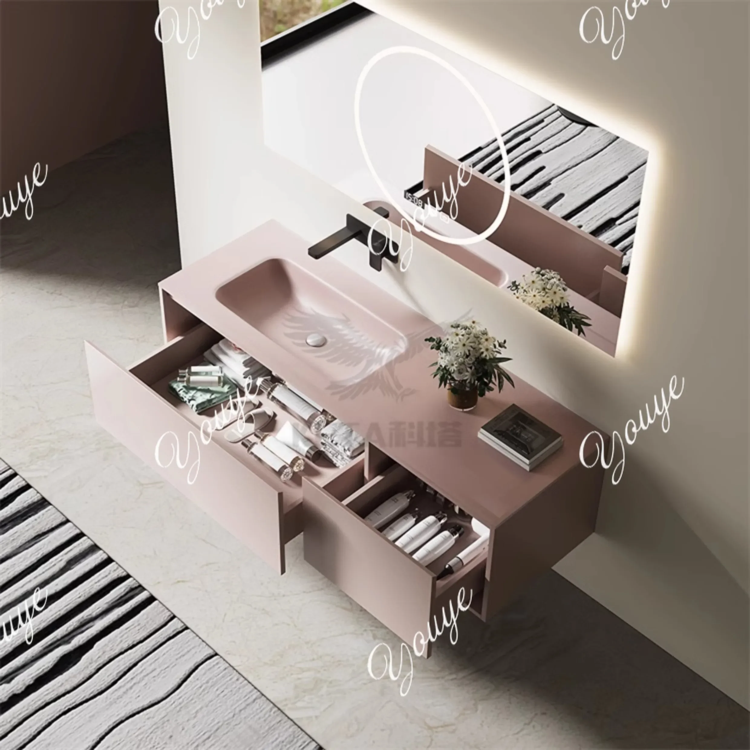 Iu Dirty Pink Frosted Tempered Glass Smart Mirror Hand Washbasin Washbasin Bathroom Bathroom Washbasin Cabinet