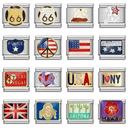 URING Creative USA America LA Charms Colour Glaze Italian Links Fit 9mm Stainless Steel Bracelet Making Women Men DIY Jewelry