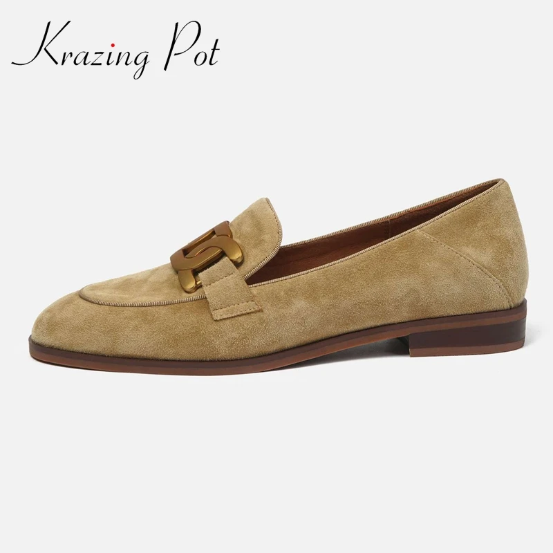 Krazing Pot Sheep Suede Round Toe Low Heel Comfortable Metal Decoration Deep Mouth Young Lady Slip On Brand Casual Women Pumps