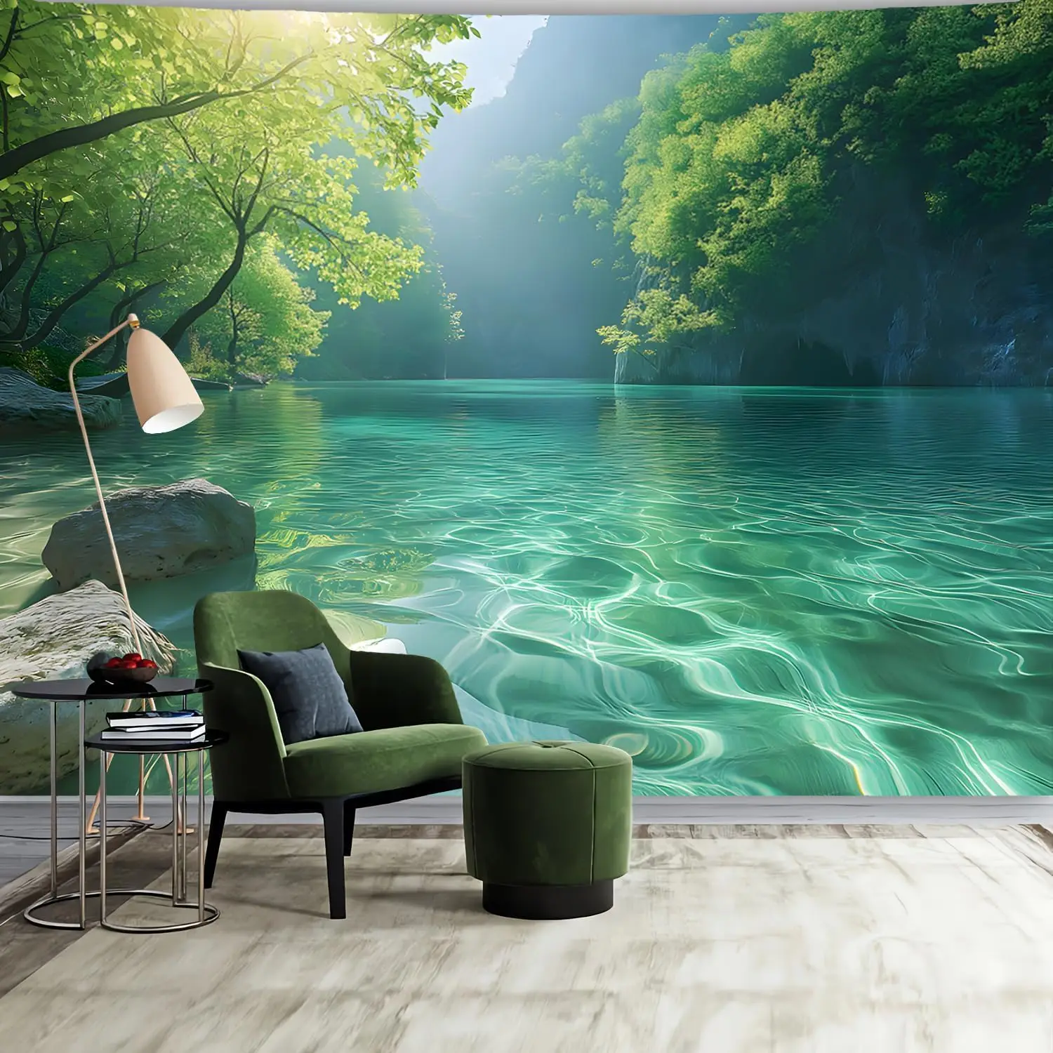 Mountain Water Tapestry Wall Hanging for Bedroom Aesthetic, Nature forest Landscape Wall Tapestries, Scenic River Backdrop Wall