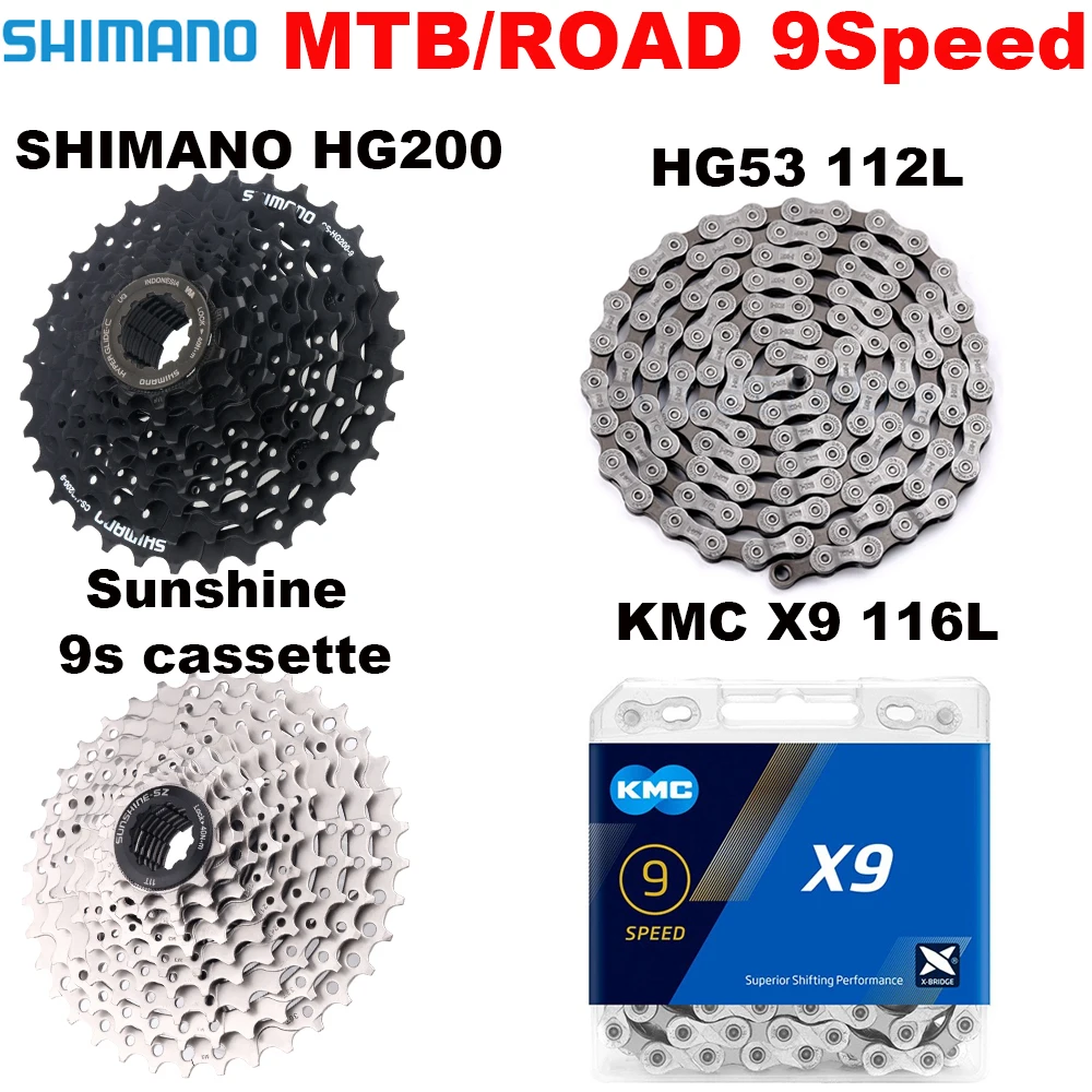 Shimano K7 9Speed Freewheel and Chain Groupset H200 Sunshine 23/25/28/30/32/36/40/42/46/50T  Cassette HG53/KMC X9 Chain 9V Kit