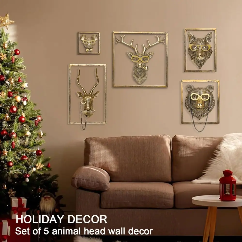 Vintage Gold Animal Heads Wall Art Set - 5 Resin Sculptures with Metal Frame for Home Decor