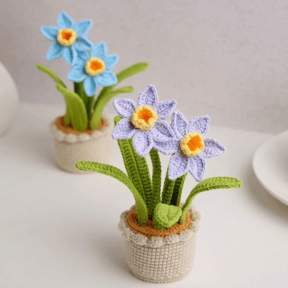 Handwoven Crochet Flowers Narcissus Flowers Realistic Artificial Flowers Potted Snowflake Yarn Fake Flower Desktop Decoration
