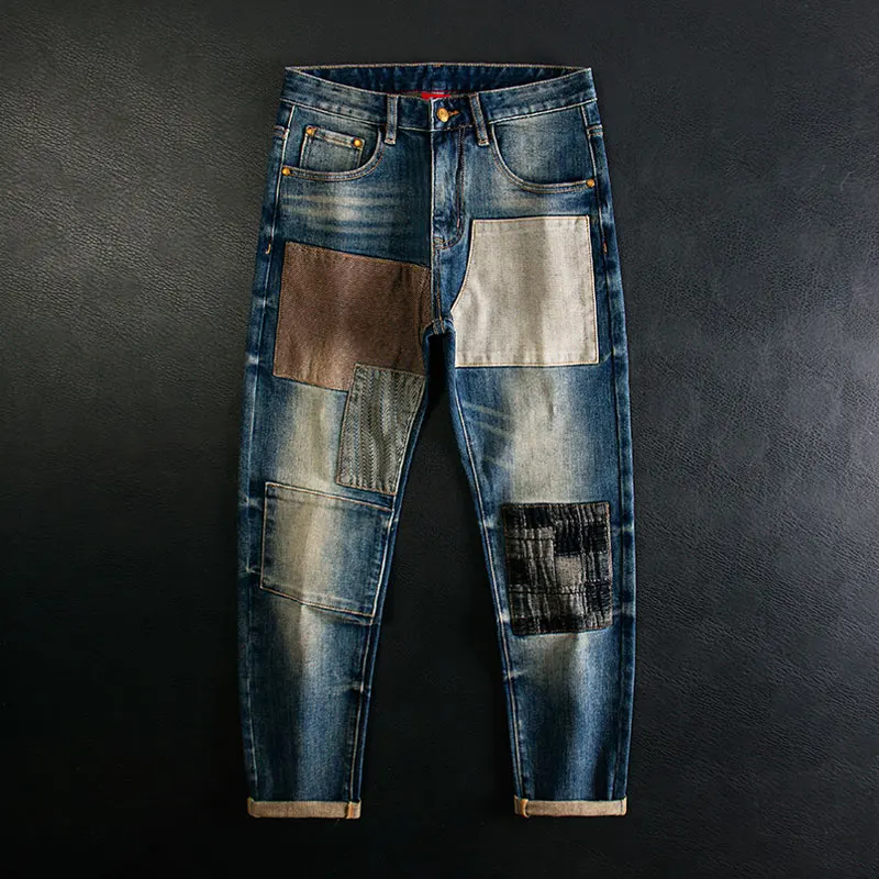Street Designer Fashion Mannen Jeans Retro Blauw Stretch Slim Fit Patched Ripped Jeans Mannen Y2K Hip Hop Vintage Denim Broek Hombre