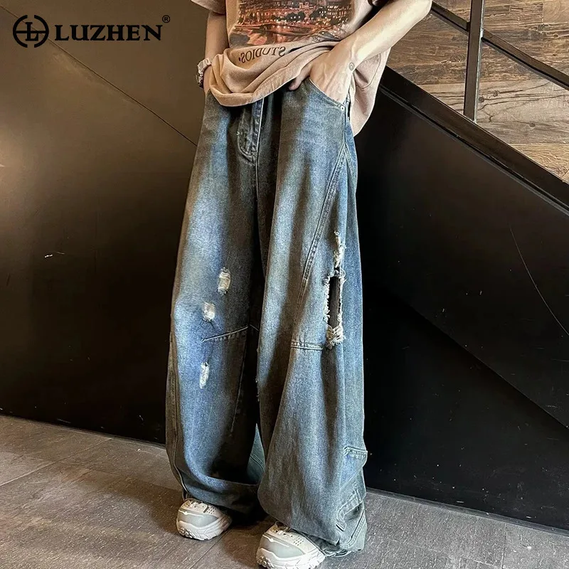 

LUZHEN Personality Trendy Broken Hole Design Wornout Jeans Original New Men's Stylish Street Retro Straight Denim Pants LZ5754