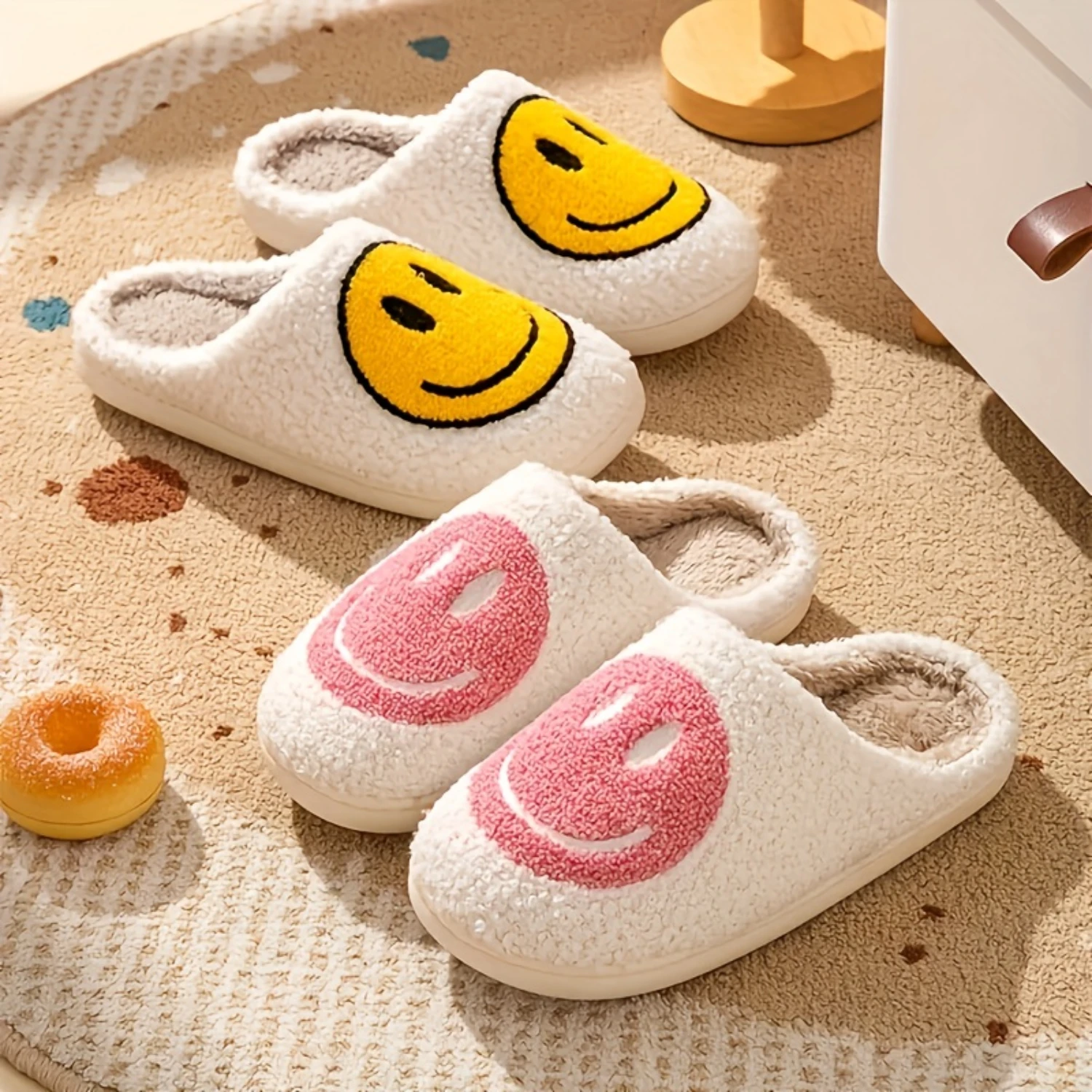 Cute Smile Face Slippers, Cozy Plush Lined Shoes for Winter Warmth.