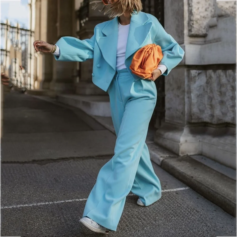 

Sky Blue Women's Suit Two Pieces Set Chic Double Breasted Peak Lapel High Street Casual Fashion Outfit Tailored Female Suit