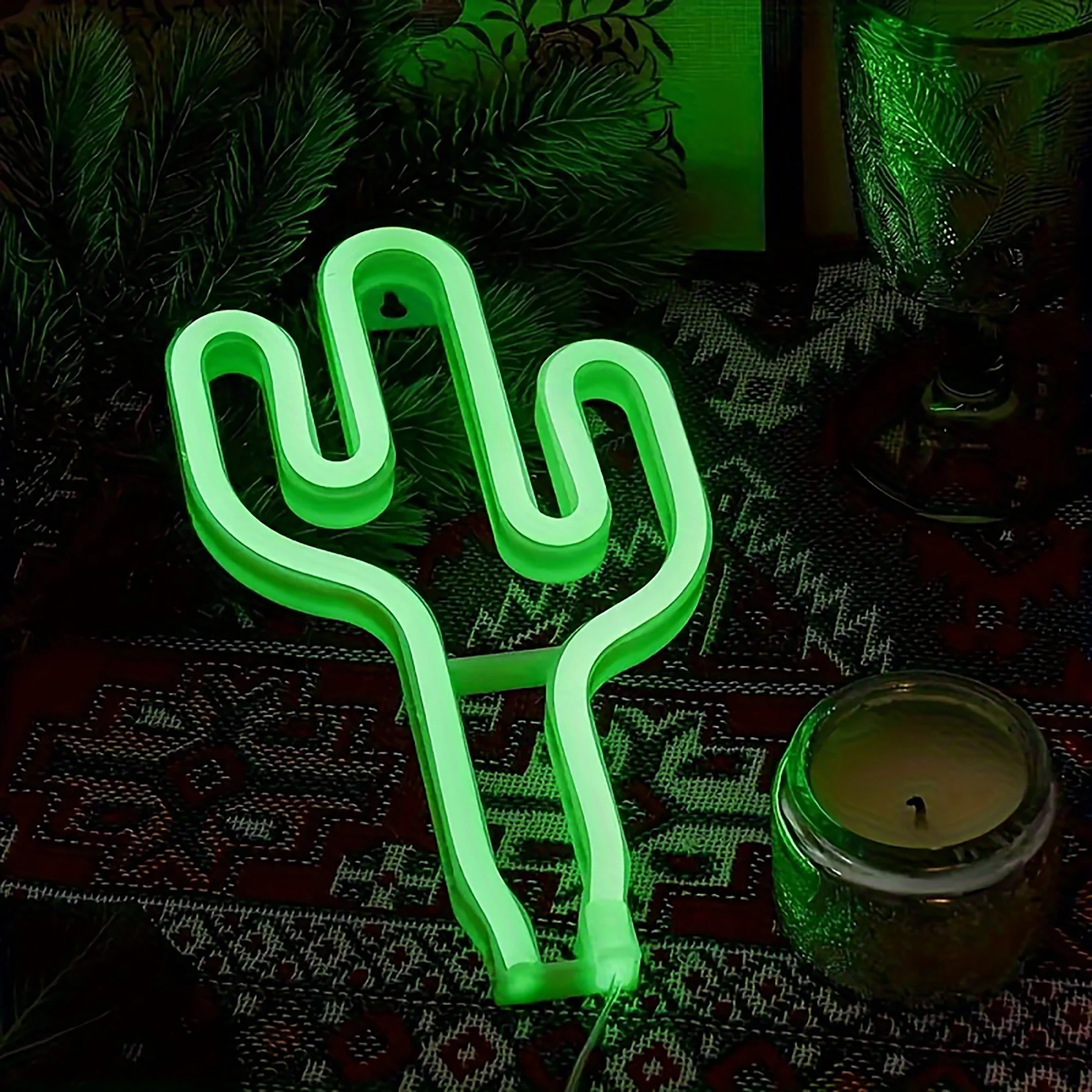 Green tropical cactus neon light, USB or battery powered, home office room and summer holiday party atmosphere decoration light