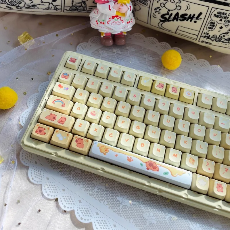 Capybara Theme Keycap Set 131Key PBT Custom Cute Kitten Girl Keyboard Cap PDA Profile Gaming KeyCap for Mechanical Keyboard Gift