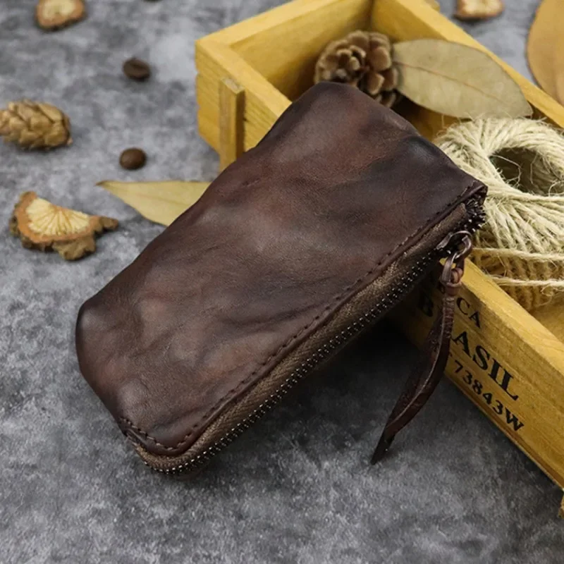 Leather vegetable tanned pickup purse hand-painted retro style long thin texture mini coin purse