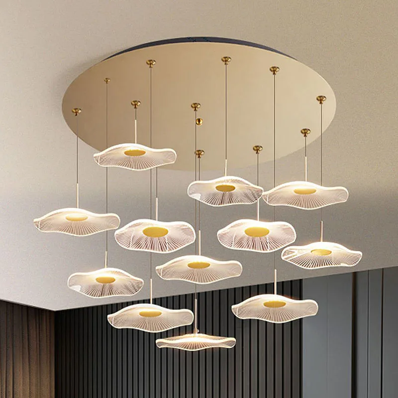 Apartment Small Duplex Building Living Room Chandelier Loft Led Lotus Leaf Pendant Lighting Villa Staircase Hanging Lamp