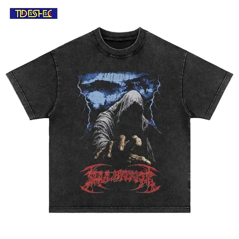 

Summer Vintage Trend Washed Hip Hop Punk Lightning Pattern Print T-Shirt Streetwear Harajuku Fashion Oversize Cotton Tshirt Tops
