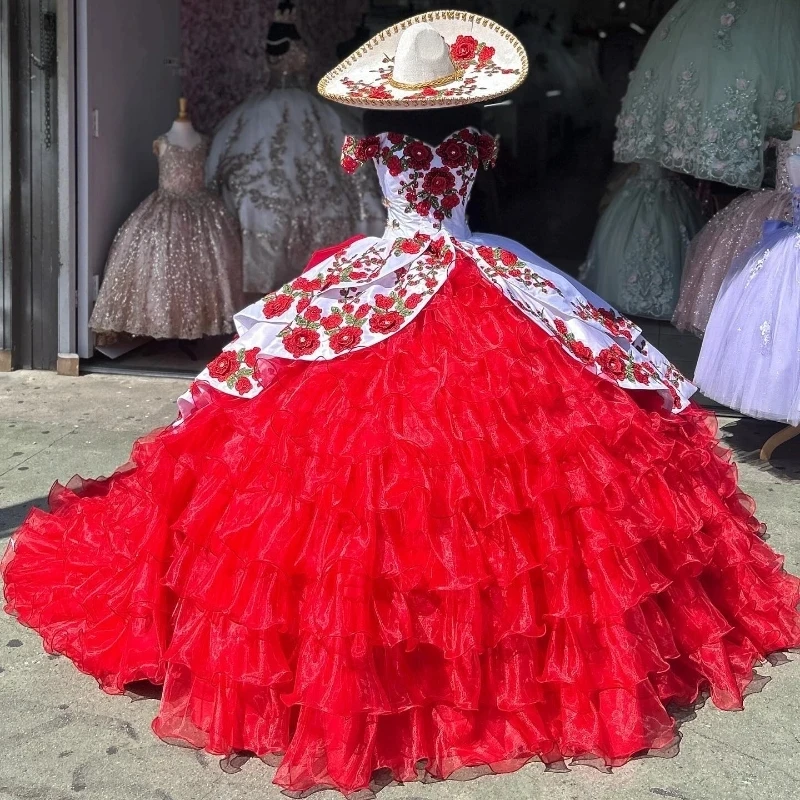 

Red Princess Quinceanera Dresses Ball Gown Off The Shoulder Embroidery Appliques Tull Tiered Sweet 16 Dresses 15 Años Mexico