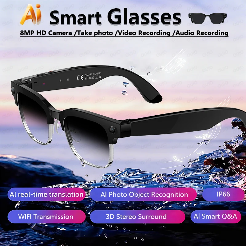 

AI Smart Translation Glasses 8MP HD Camera Take Photo Video Recording Al Photo Object Recognition Smart Q&A Touch Smart Glasses